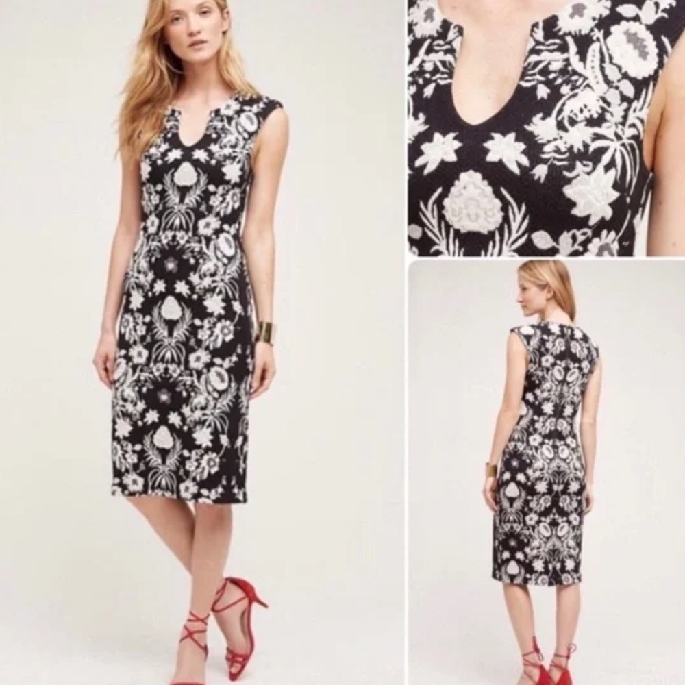 Anthro HD in Paris Black and Cream Floral Textured Midi Dress 2 petite